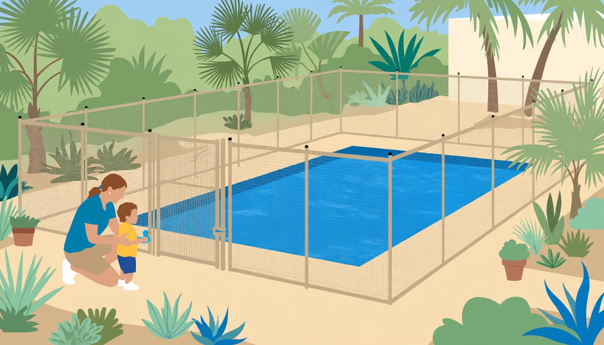 Removable mesh fencing supports toddler pool safety around a backyard pool.