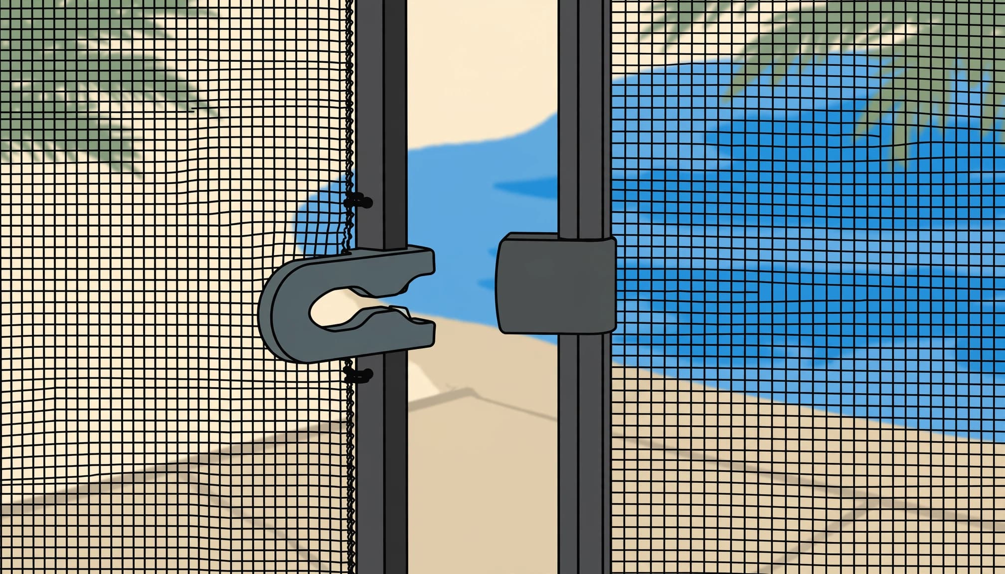 Close-up of removable mesh fence hardware when a pool gate won't latch.