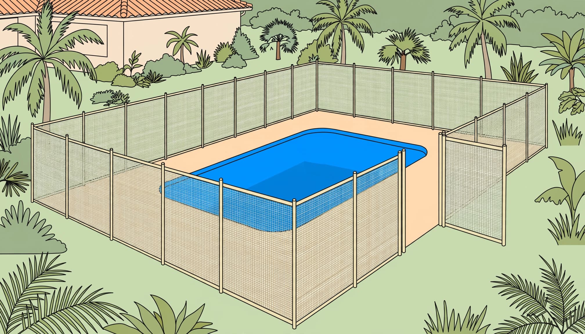 ASTM F2286 removable mesh pool fence surrounding a backyard swimming pool