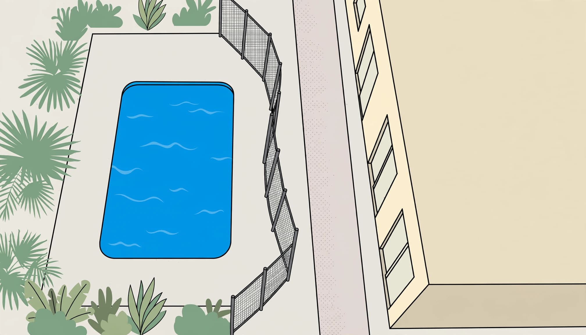 Illustration of a removable pool fence following a narrow pool deck beside a home