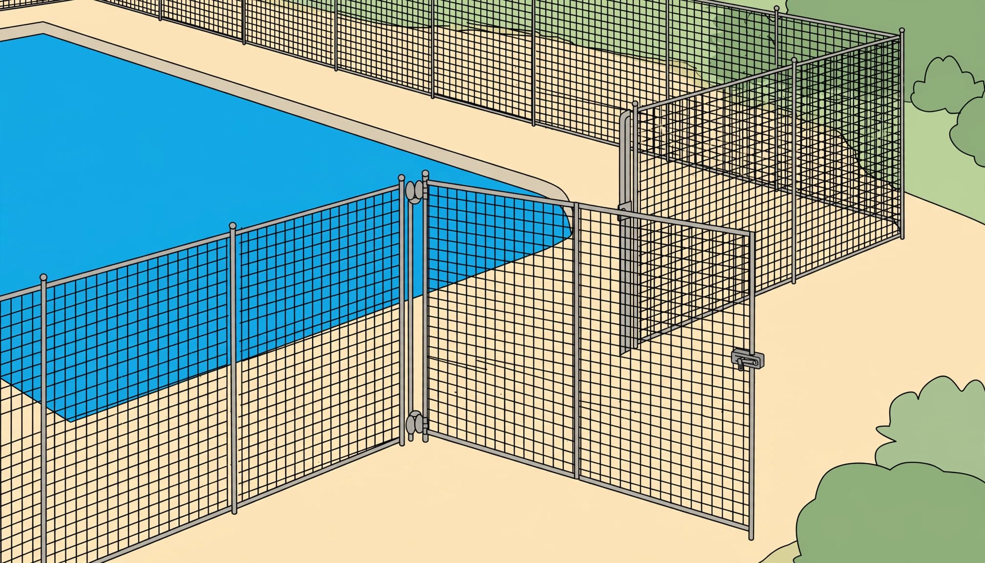Removable mesh safety gate opening outward beside a pool.