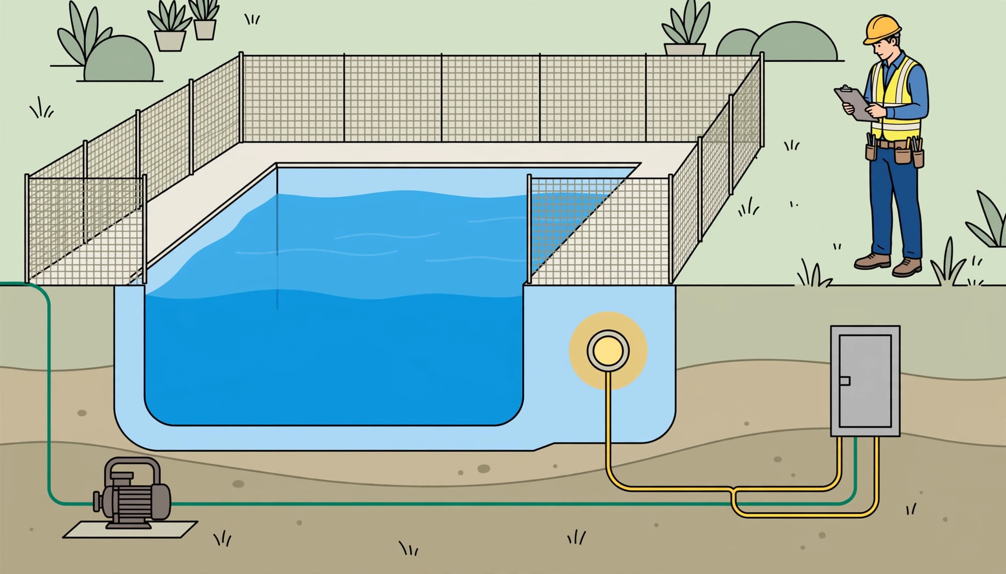A removable mesh fence surrounds a pool in an illustration of pool electrical safety wiring and professional inspection.