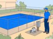 A pool behind a mesh fence with electrical equipment on dry ground and an electrician nearby.