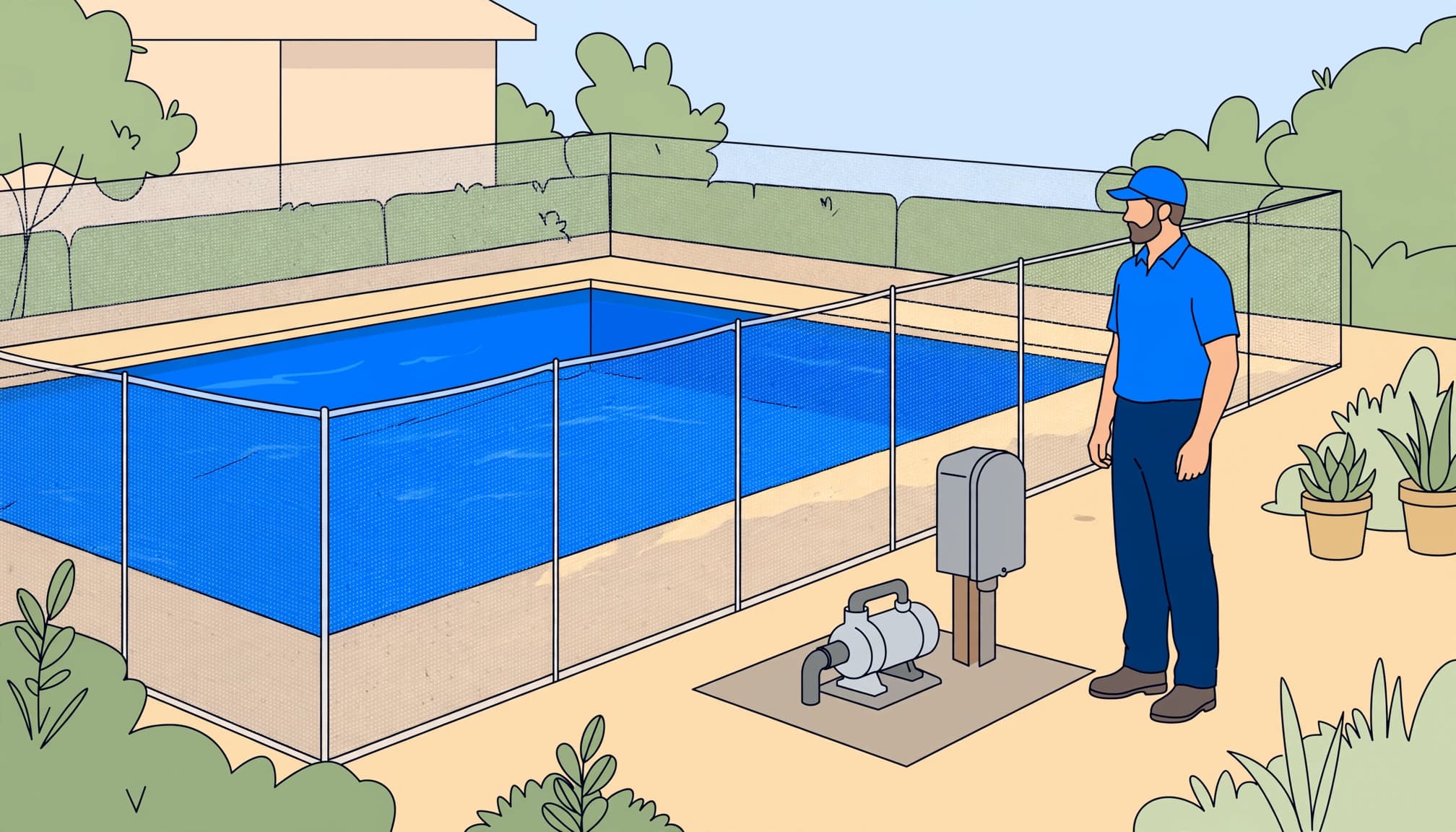 An electrician checks pool electrical safety equipment beside a pool enclosed by a removable mesh fence.