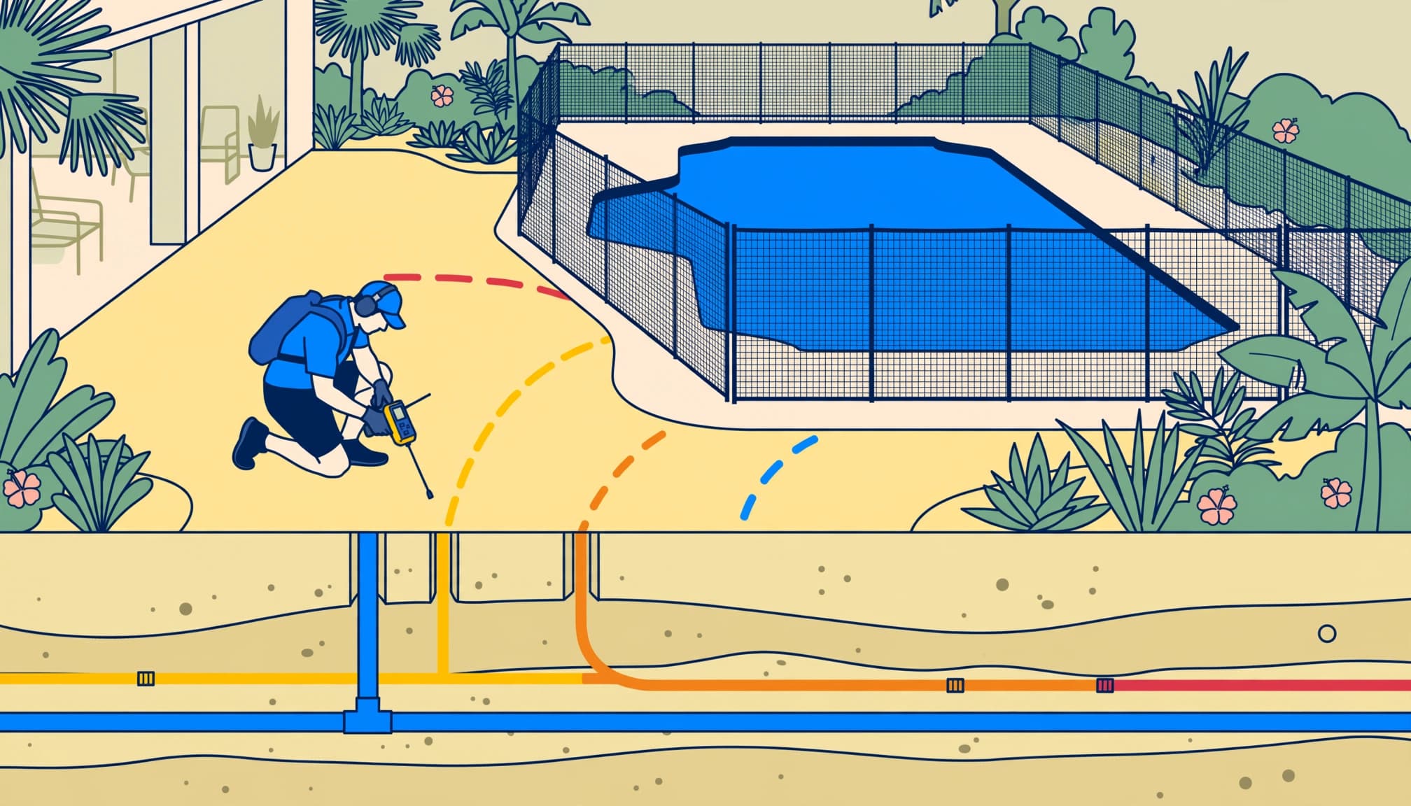 A technician helps locate underground utilities before pool fence anchoring beside a removable mesh fence.