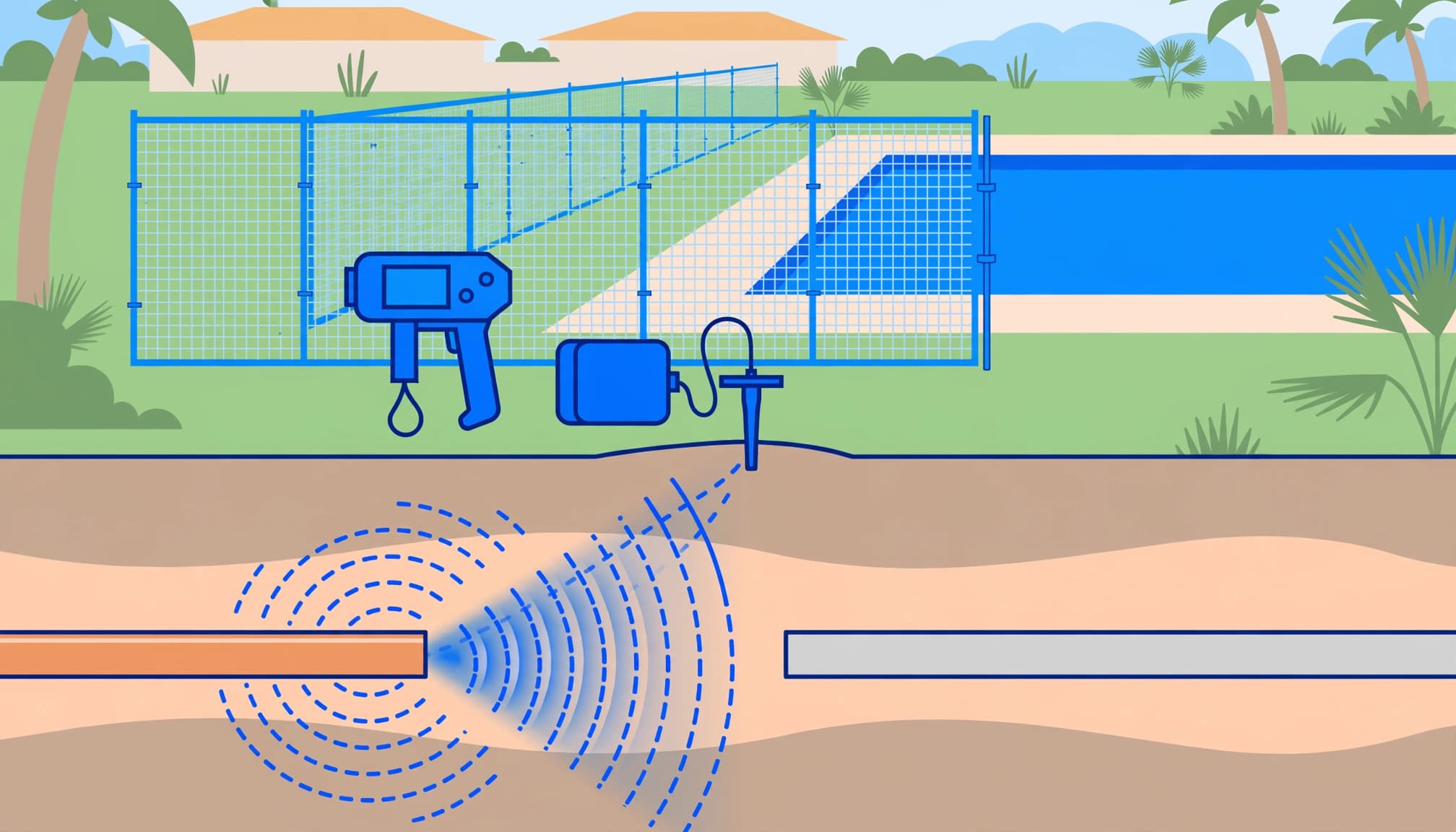 Equipment used to locate underground utilities for pool fence anchoring near a removable mesh fence and buried pipes.