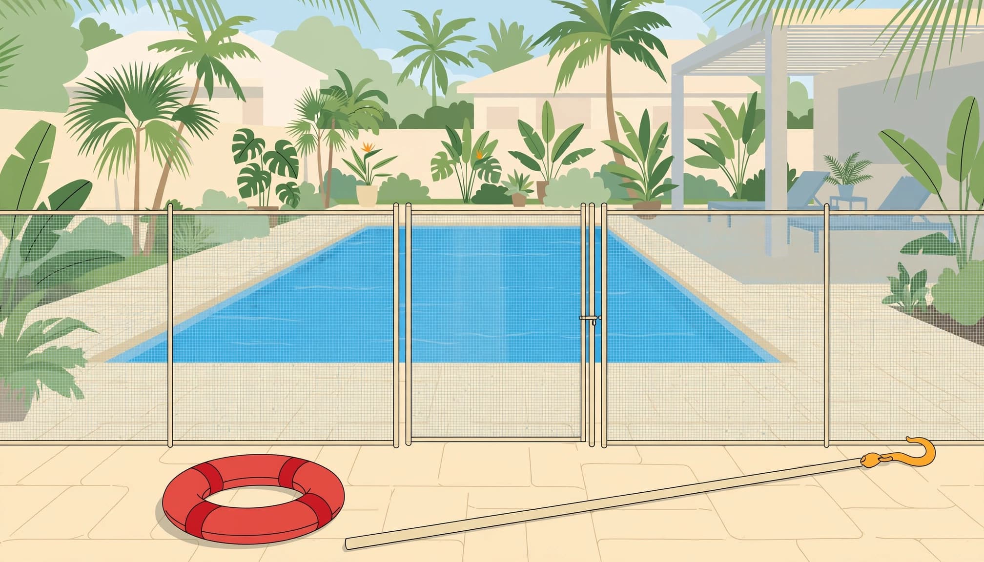 Rescue equipment supports babysitter pool safety beside a removable mesh pool fence.