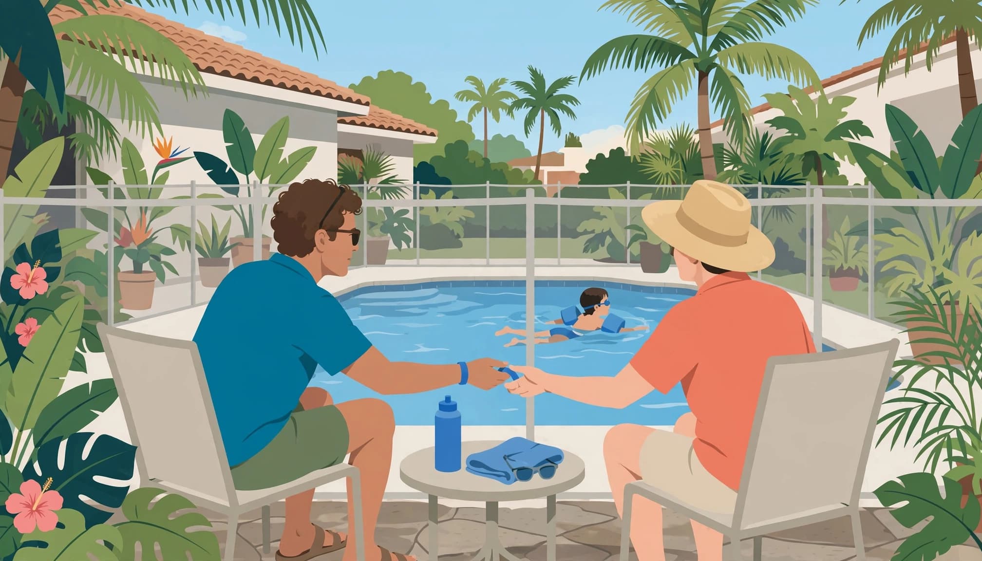 Two adults exchange a wristband during a water watcher rotation beside a pool and removable mesh fence.