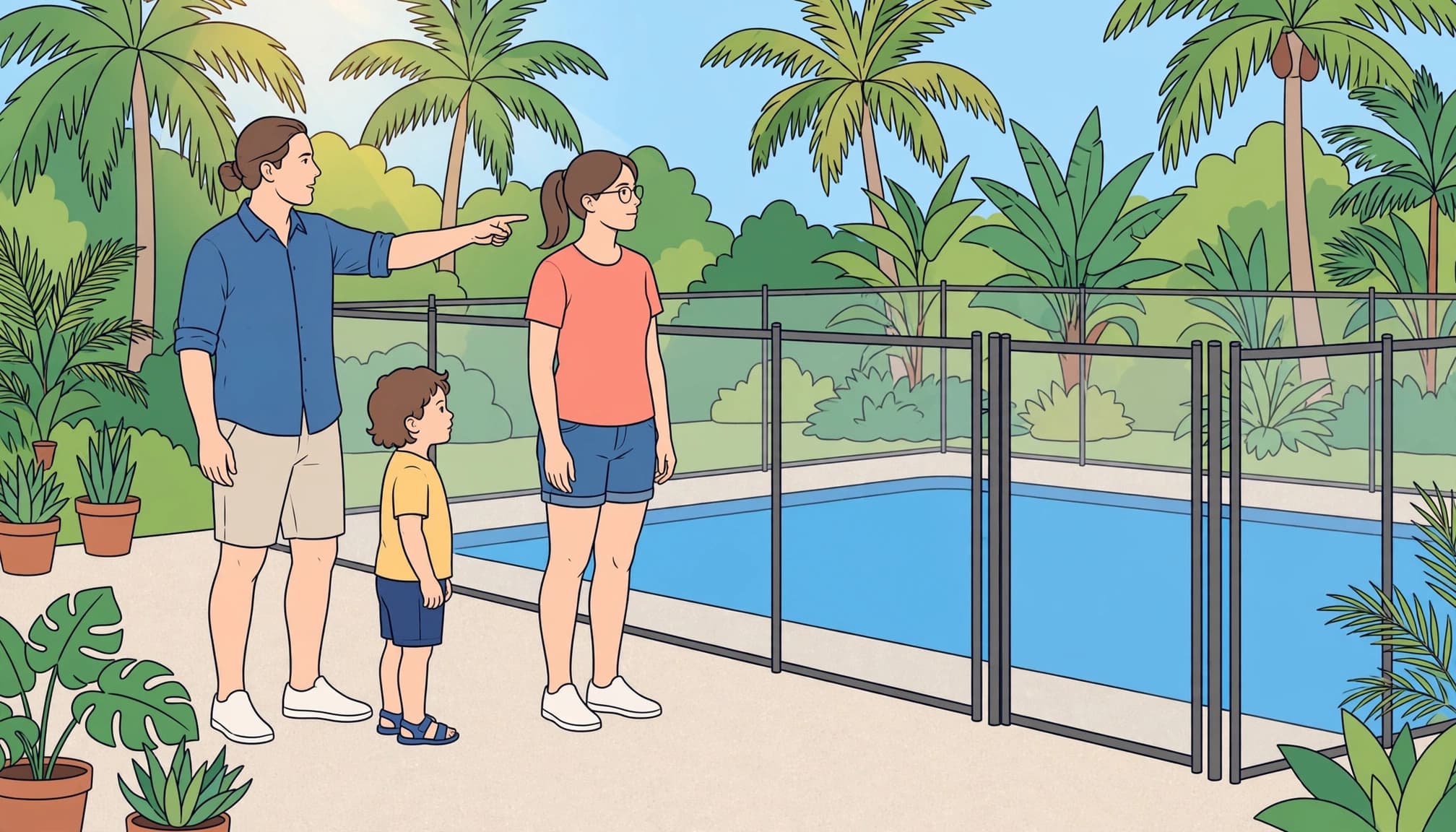 A parent reviews babysitter pool safety beside a removable mesh pool fence.