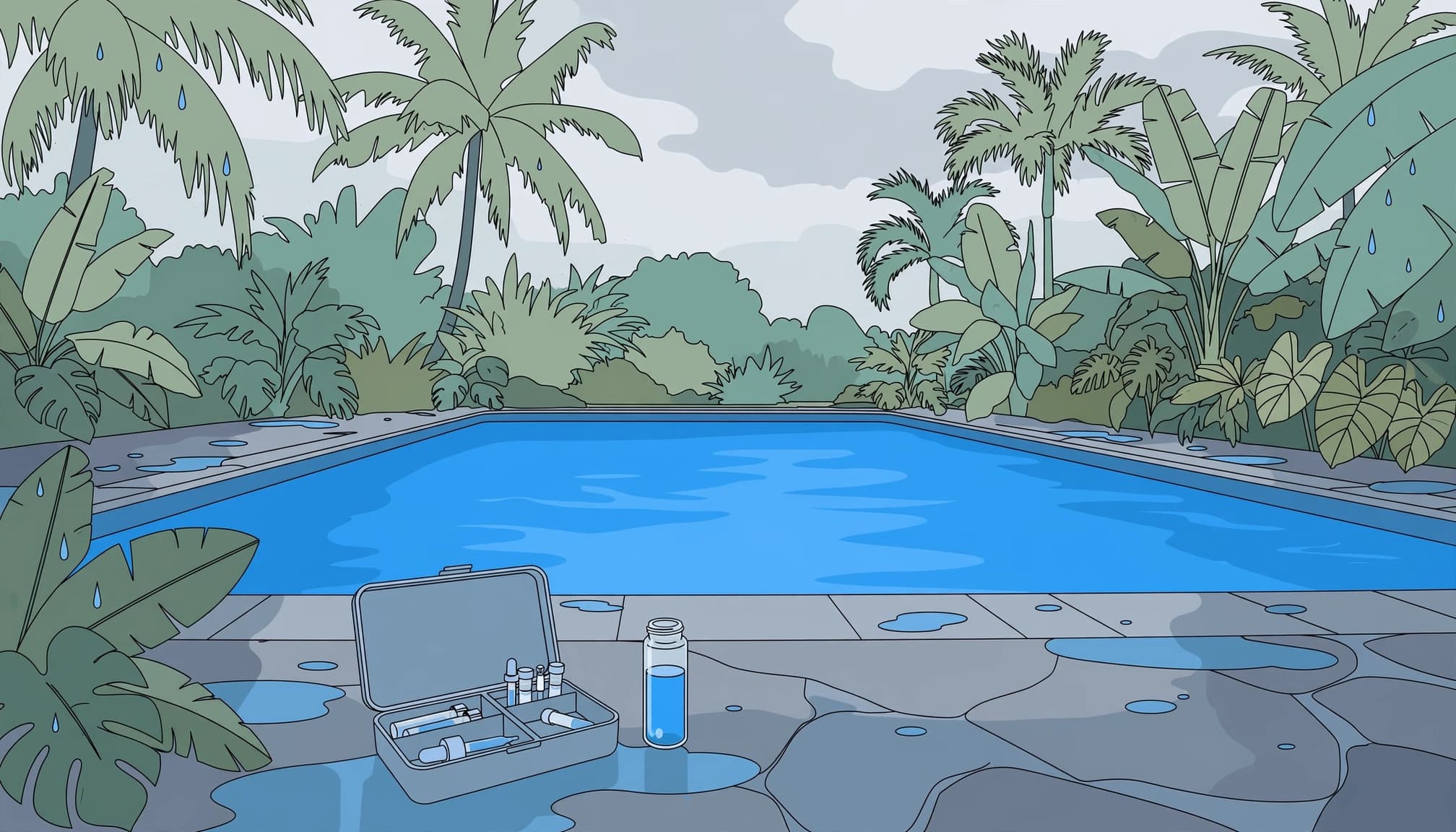 Illustration of pool water safety testing after heavy rain in Southwest Florida