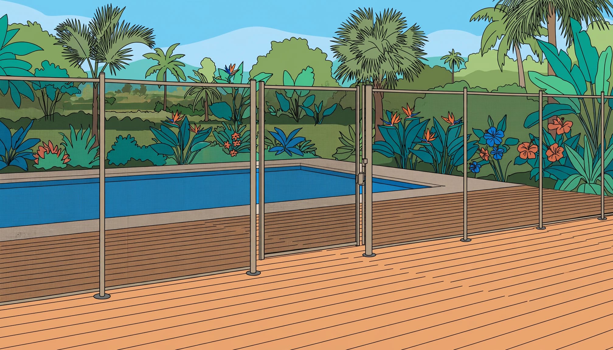 A removable mesh pool fence installed on a wood deck beside a swimming pool.